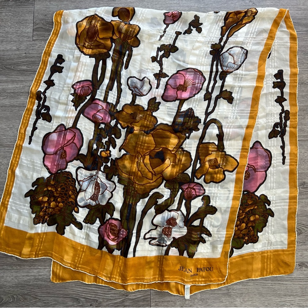 Vintage Jean Patou Paris 100% Silk Floral Scarf Long Rectangle 73”x30”